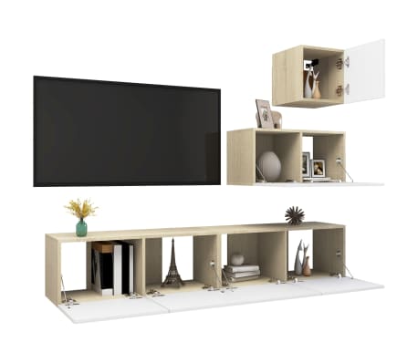 vidaXL Televizoriaus spintelių komplektas, 4 dalių, baltas/ąžuolo, MDP