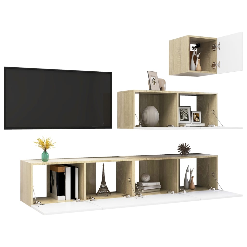 vidaXL 4-tlg. TV-Schrank-Set Weiß Sonoma-Eiche Holzwerkstoff