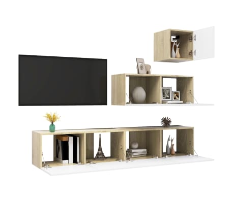 vidaXL 4-tlg. TV-Schrank-Set Weiß Sonoma-Eiche Holzwerkstoff