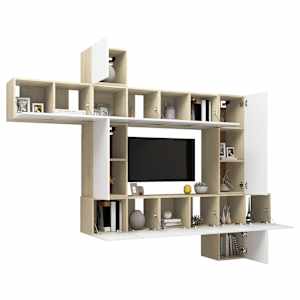 vidaXL TV spintelių komplektas, 10 dalių, baltas/ąžuolo, MDP