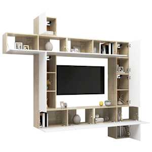 vidaXL Televizoriaus spintelių komplektas, 9 dalių, baltas/ąžuolo, MDP