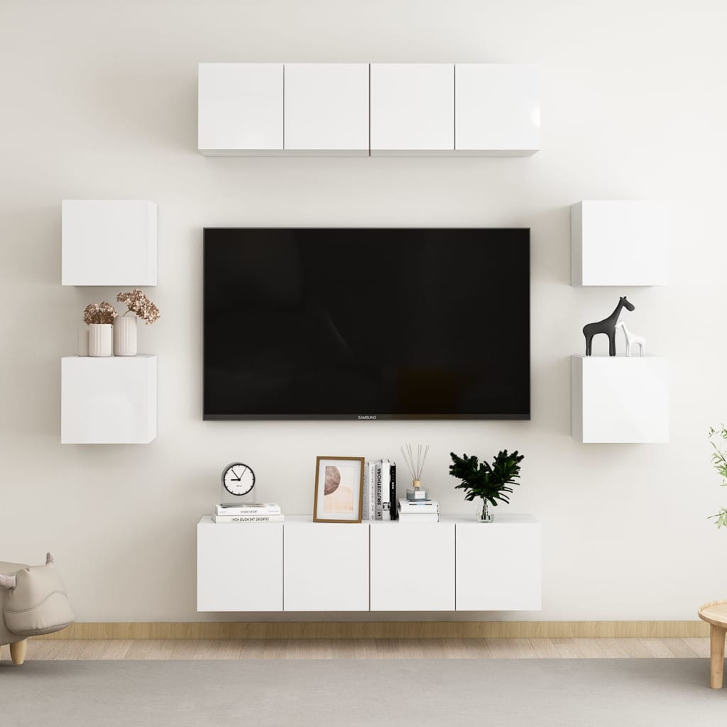 vidaXL Set dulap TV, 8 piese, alb extra lucios, PAL vidaxl.ro