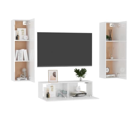 vidaXL Televizoriaus spintelių komplektas, 3 dalių, baltas, mediena