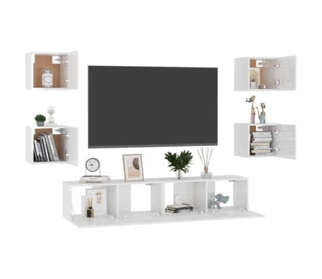 vidaXL Televizoriaus spintelių komplektas, 6 dalių, baltas, MDP