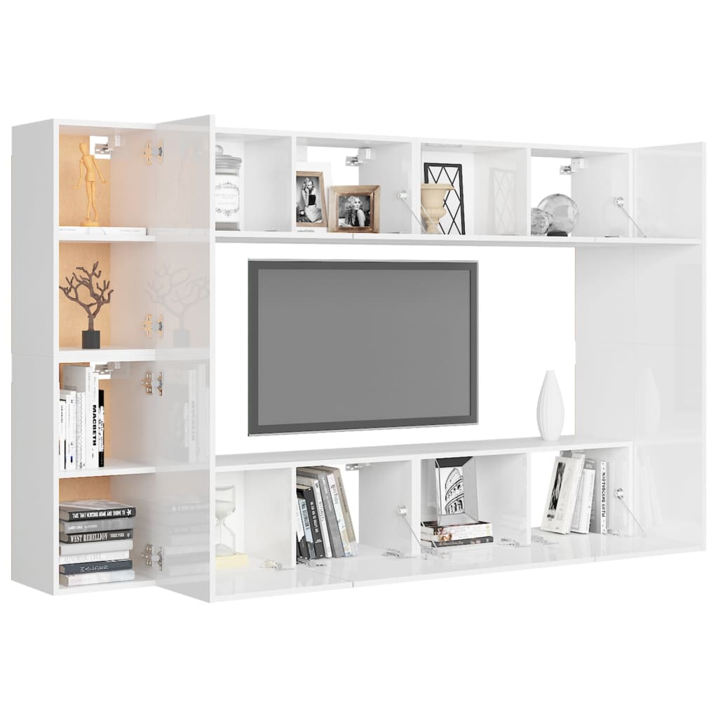 vidaXL Комплект ТВ шкафове от 8 части, бял гланц, ПДЧ