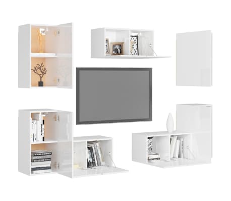 vidaXL Televizoriaus spintelių komplektas, 7 dalių, baltas, MDP
