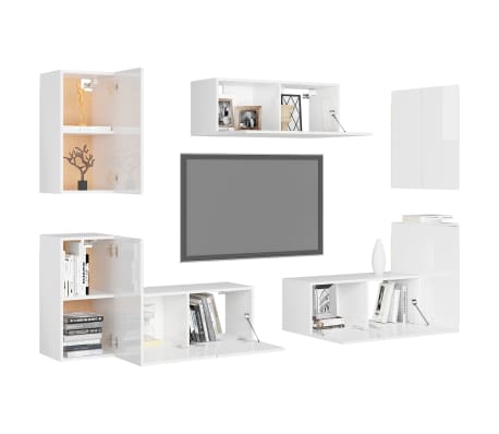 vidaXL Televizoriaus spintelių komplektas, 7 dalių, baltas, MDP