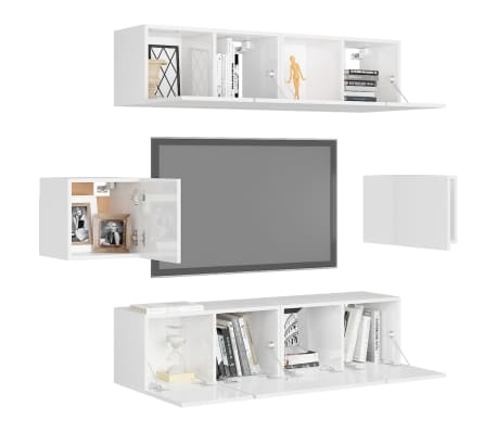 vidaXL Set de dulapuri TV, 6 piese, alb extralucios, lemn prelucrat