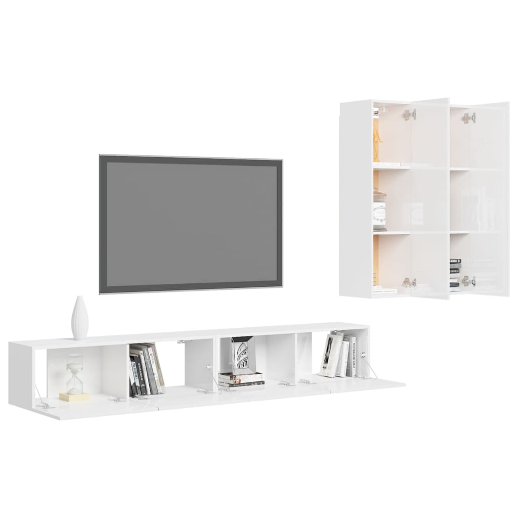 vidaXL 4 Piece TV Cabinet Set High Gloss White Engineered Wood