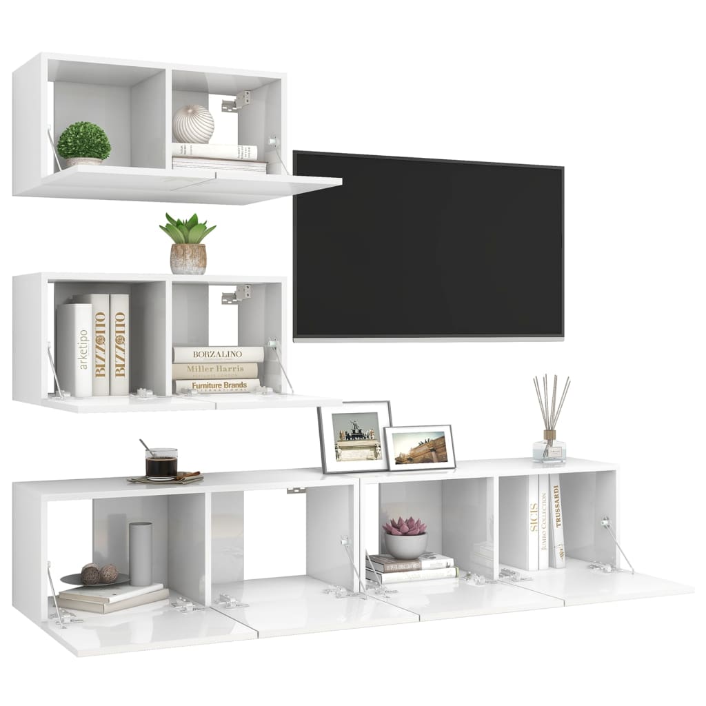 

vidaXL 4-delige Tv-meubelset spaanplaat hoogglans wit