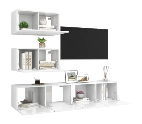 vidaXL Set de dulapuri TV, 4 piese, alb extralucios, lemn prelucrat
