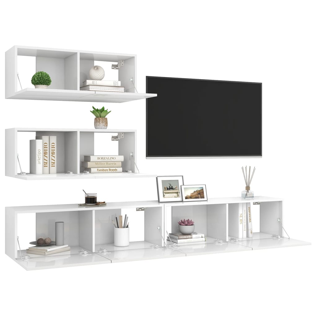 

vidaXL 4-delige Tv-meubelset spaanplaat hoogglans wit
