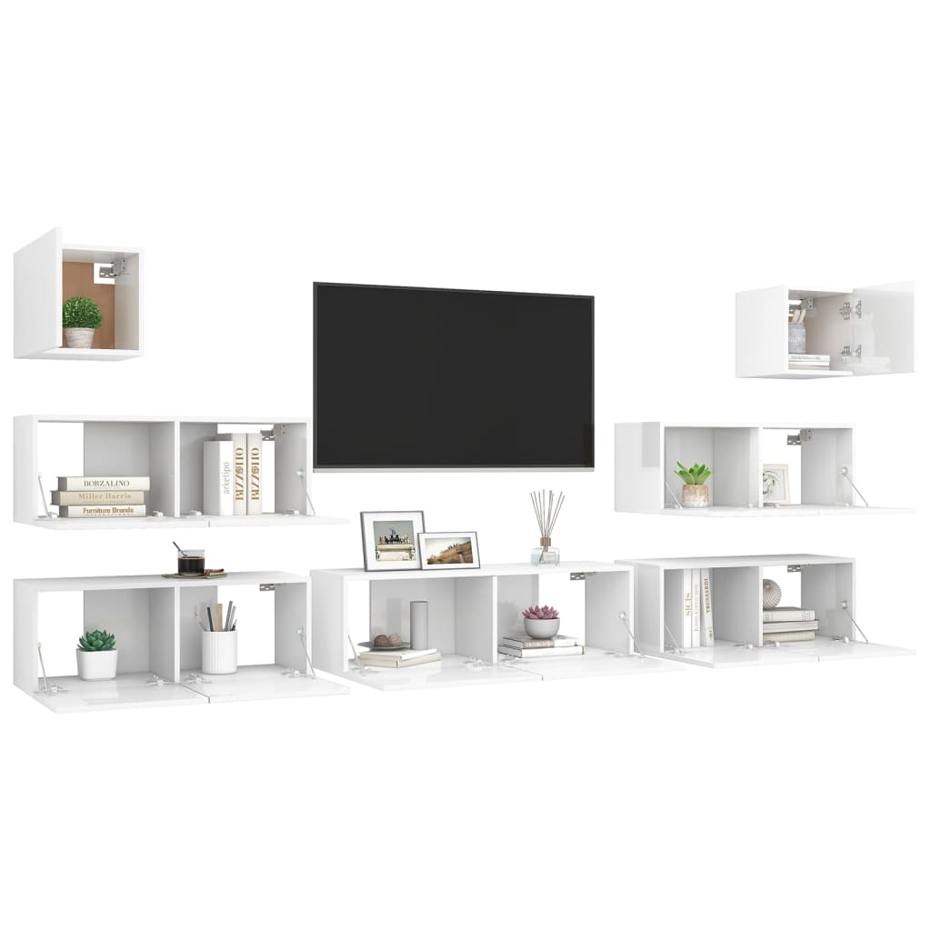 vidaXL Комплект ТВ шкафове от 7 части, бял гланц, ПДЧ
