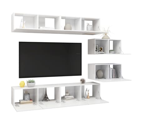 vidaXL Set de dulapuri TV, 6 piese, alb extralucios, lemn prelucrat