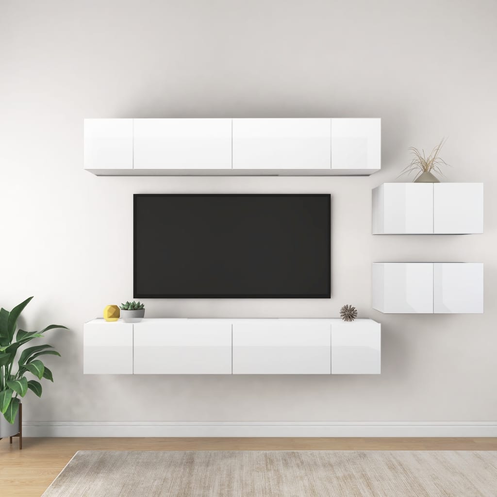 vidaXL Dulapuri TV, 8 buc., alb extralucios, lemn prelucrat Alb