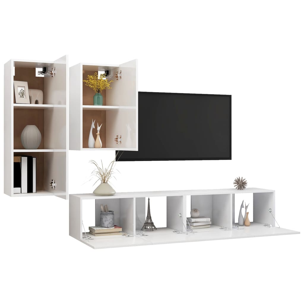 

vidaXL 4-delige Tv-meubelset spaanplaat hoogglans wit