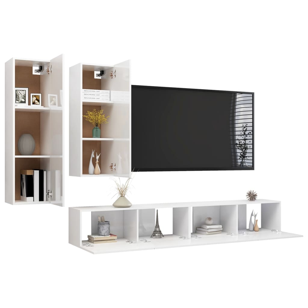 vidaXL 4 Piece TV Cabinet Set High Gloss White Engineered Wood