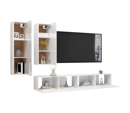 vidaXL 4 Piece TV Cabinet Set High Gloss White Engineered Wood