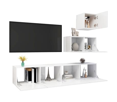 vidaXL Set de dulapuri TV, 4 piese, alb extralucios, lemn prelucrat
