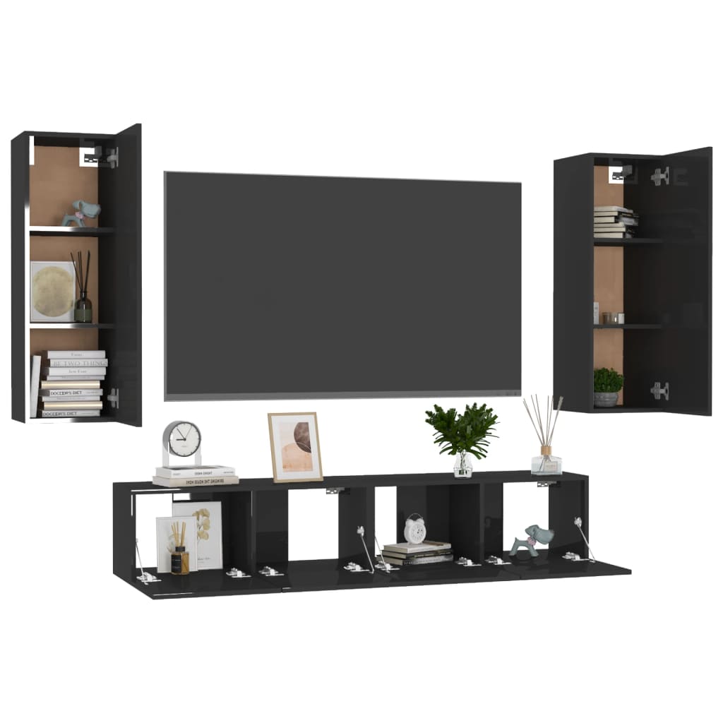 

vidaXL 4-delige Tv-meubelset spaanplaat hoogglans zwart