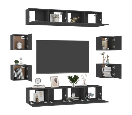 vidaXL 8 Piece TV Cabinet Set High Gloss Black Engineered Wood