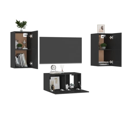 vidaXL Televizoriaus spintelių komplektas, 3 dalių, juodas, MDP