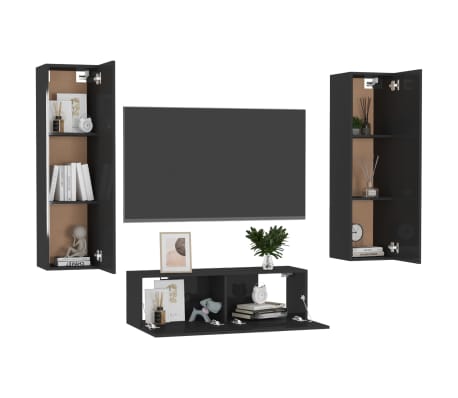 vidaXL Televizoriaus spintelių komplektas, 3 dalių, juodas, MDP