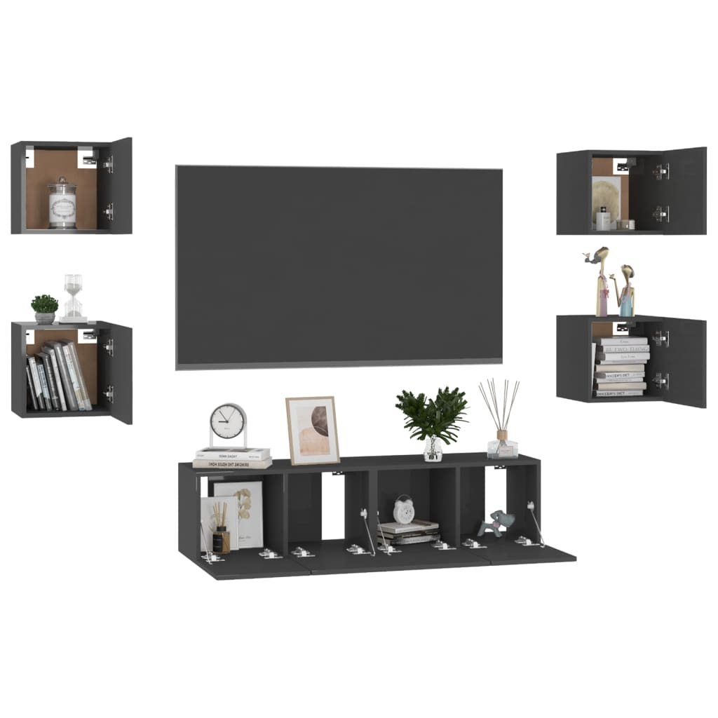 vidaXL 6-tlg. TV-Schrank-Set Hochglanz-Schwarz Holzwerkstoff