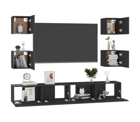 vidaXL Televizoriaus spintelių komplektas, 6 dalių, juodas, MDP