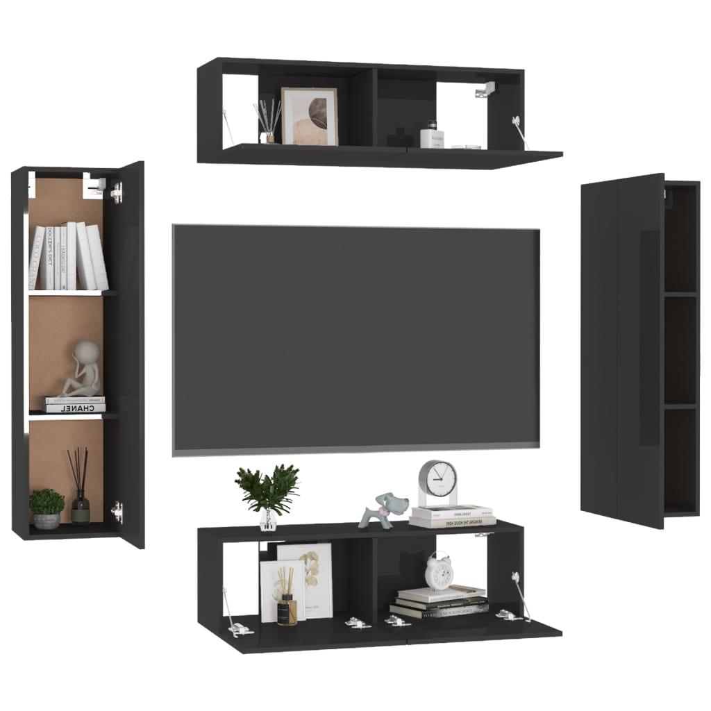 

vidaXL 4-delige Tv-meubelset spaanplaat hoogglans zwart