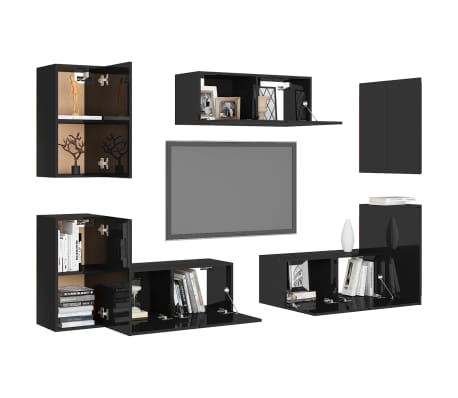 vidaXL Televizoriaus spintelių komplektas, 7 dalių, juodas, MDP