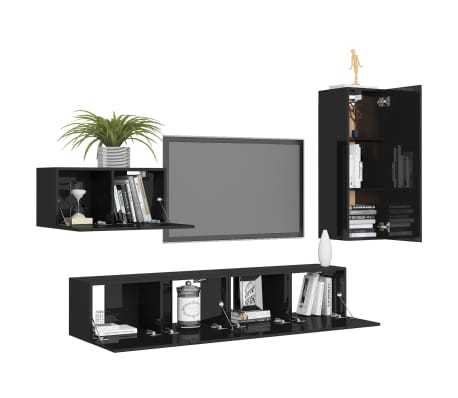 vidaXL Televizoriaus spintelių komplektas, 4 dalių, juodas, MDP
