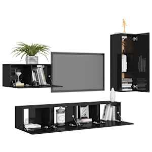 vidaXL Televizoriaus spintelių komplektas, 4 dalių, juodas, MDP