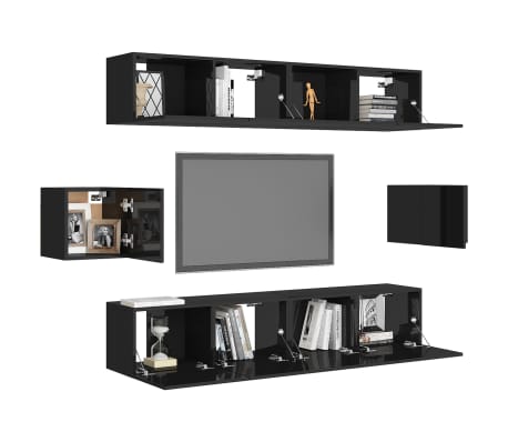 vidaXL Televizoriaus spintelių komplektas, 6 dalių, juodas, MDP