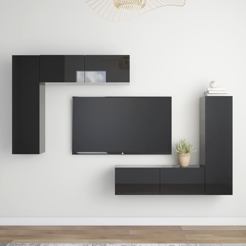 vidaXL Set dulapuri TV, 4 piese, negru extralucios, PAL vidaXL imagine model 2022