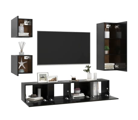 vidaXL Televizoriaus spintelių komplektas, 5 dalių, juodas, MDP