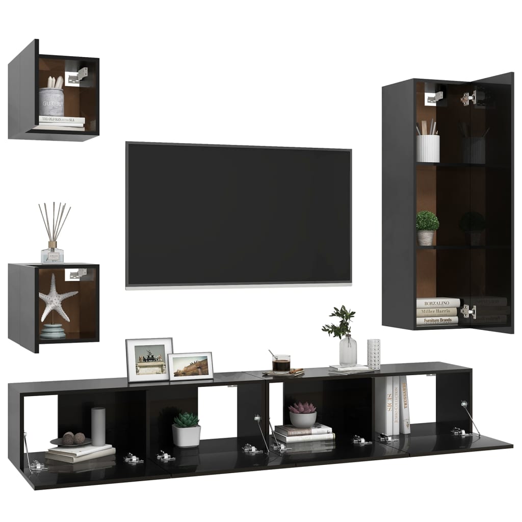 vidaXL Set de dulapuri TV, 5 piese, negru extralucios, lemn prelucrat