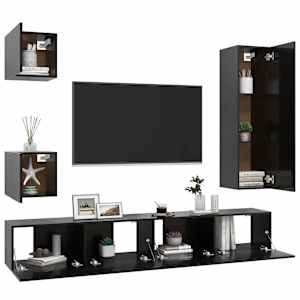 vidaXL Televizoriaus spintelių komplektas, 5 dalių, juodas, MDP