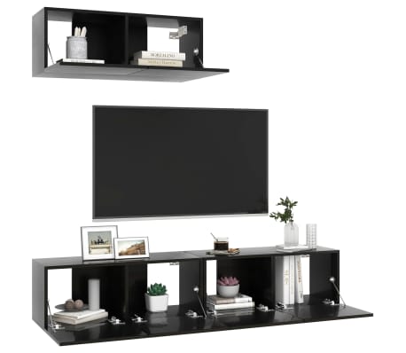 vidaXL Televizoriaus spintelės, 3vnt., juodos spalvos, MDP, blizgios