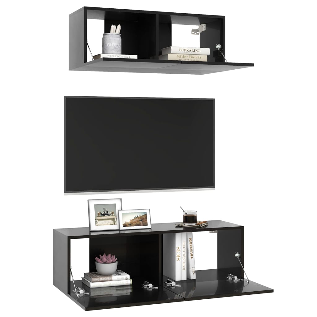 vidaXL 2 Piece TV Cabinet Set High Gloss Black Engineered Wood