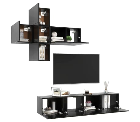 vidaXL 7 Piece TV Cabinet Set High Gloss Black Engineered Wood