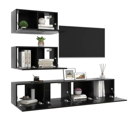 vidaXL Televizoriaus spintelių komplektas, 4 dalių, juodas, MDP