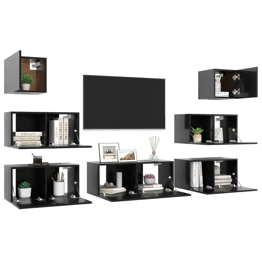 vidaXL Komplet TV omaric 7-delni visok sijaj črna iverna plošča
