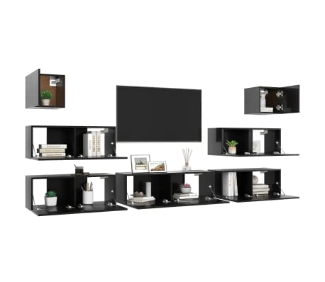vidaXL Televizoriaus spintelių komplektas, 7 dalių, juodas, MDP