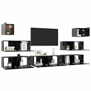 vidaXL Televizoriaus spintelių komplektas, 7 dalių, juodas, MDP