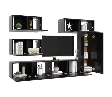vidaXL Televizoriaus spintelių komplektas, 6 dalių, juodas, MDP