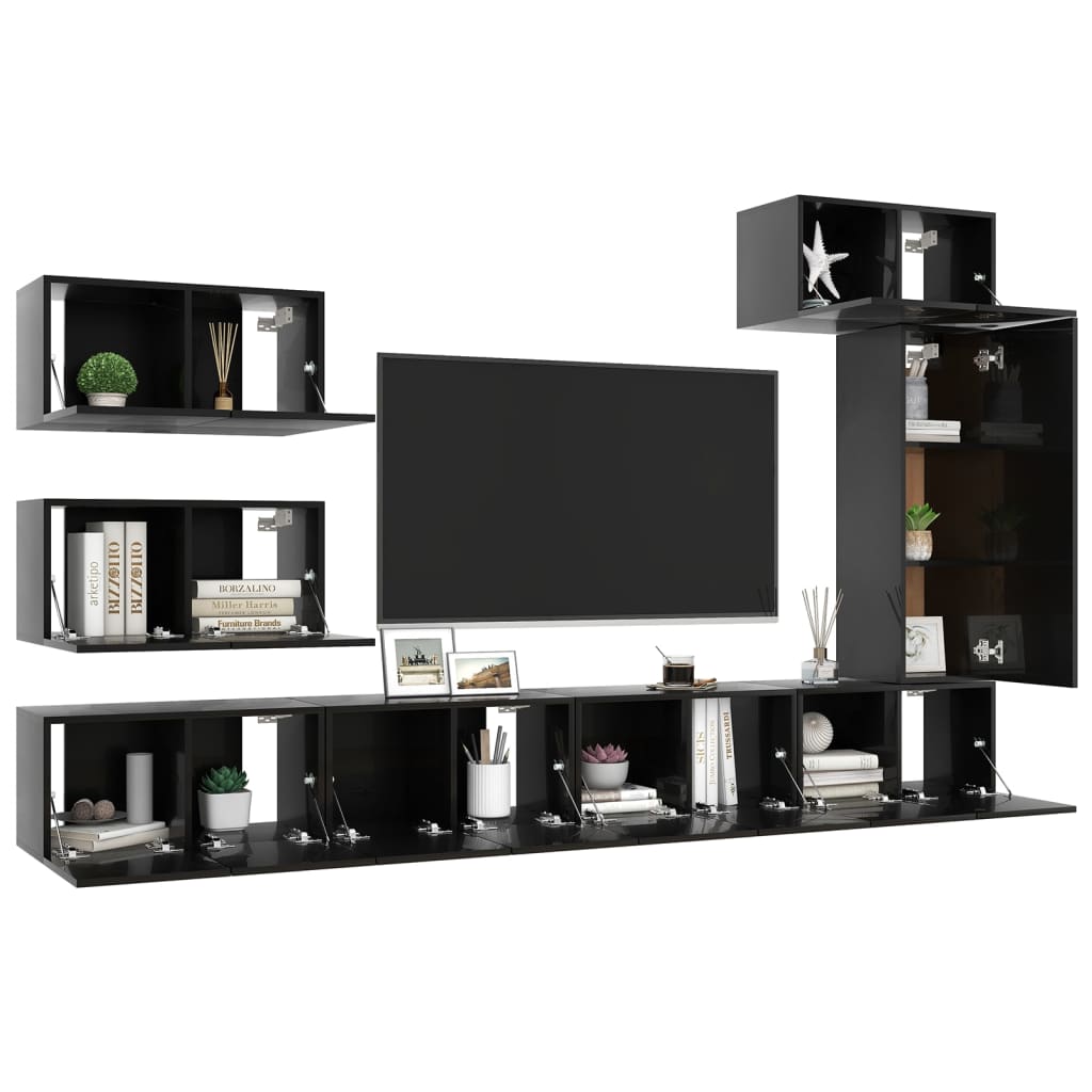 vidaXL 8 Piece TV Cabinet Set High Gloss Black Engineered Wood