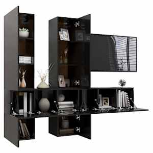 vidaXL Televizoriaus spintelių komplektas, 7 dalių, juodas, MDP