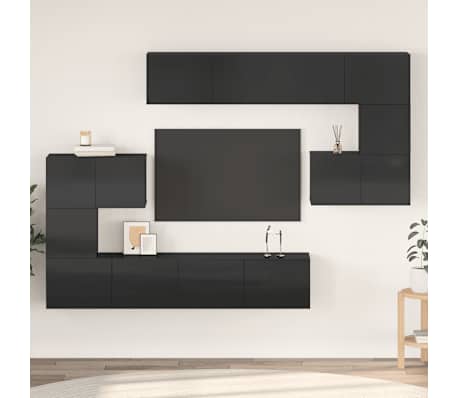 vidaXL Televizoriaus spintelių komplektas, 8 dalių, juodas, MDP