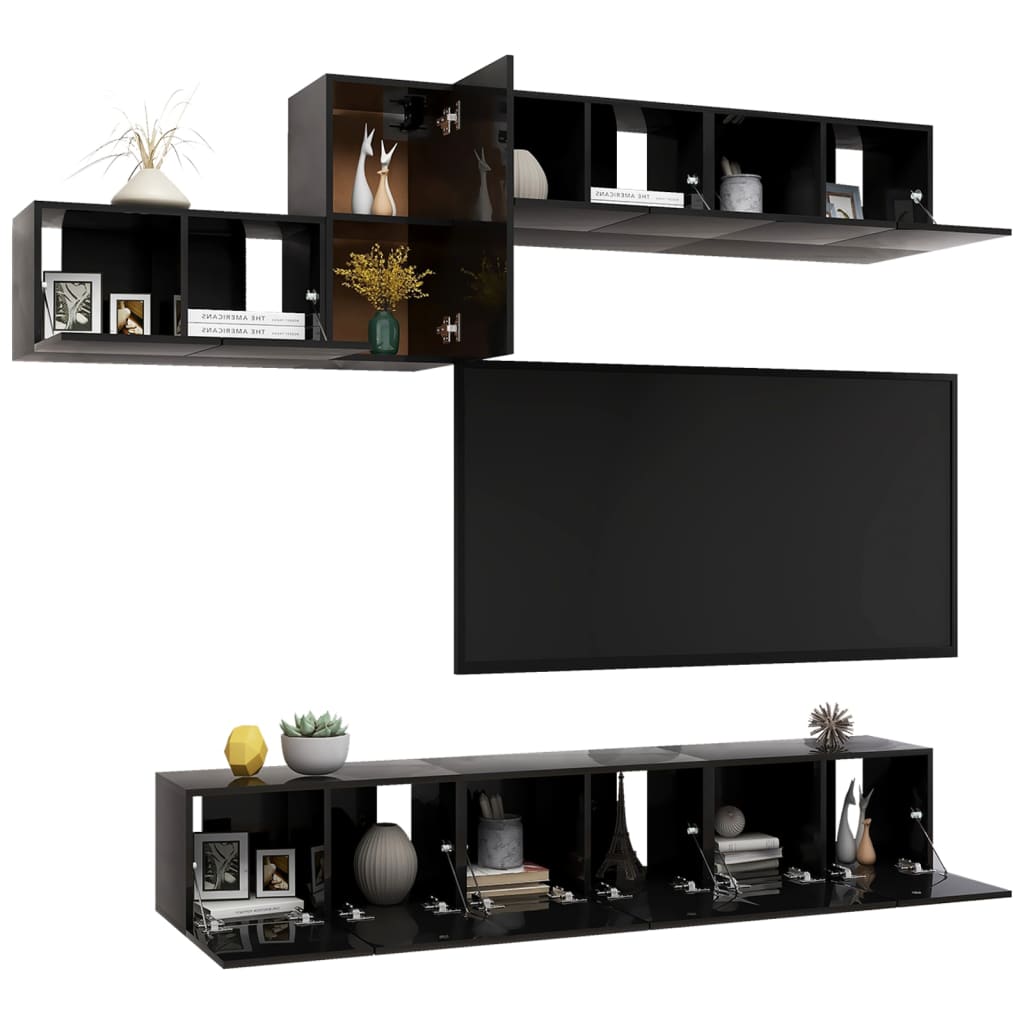 vidaXL Комплект ТВ шкафове от 7 части, черен гланц, ПДЧ